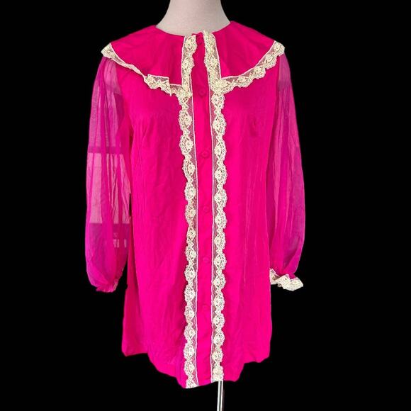 NWT Vintage Long Sleeve Fuchsia and Cream Trim Sleepwear Nightgown Size Medium - Picture 1 of 9